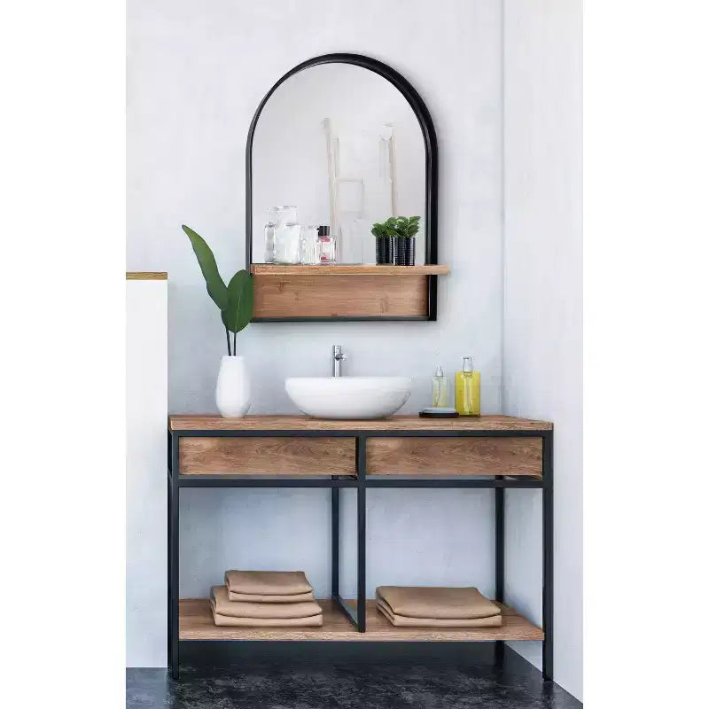 Specchio da parete ad arco nero con mensola in legno - Singolo