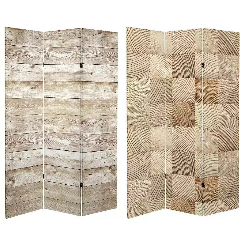 6" Double Sided Pale Wood Pattern Canvas Room Divider Brown - Oriental Furniture: Spruce Frame, Adjustable Partition
