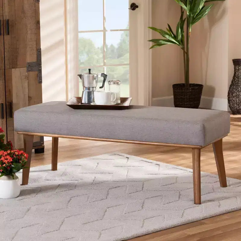 Odessa Mid-Century Modern Fabric Upholstered Wood Dining Bench Walnut/Brown - Baxton Studio: Sleek Rectangle Seating for 2