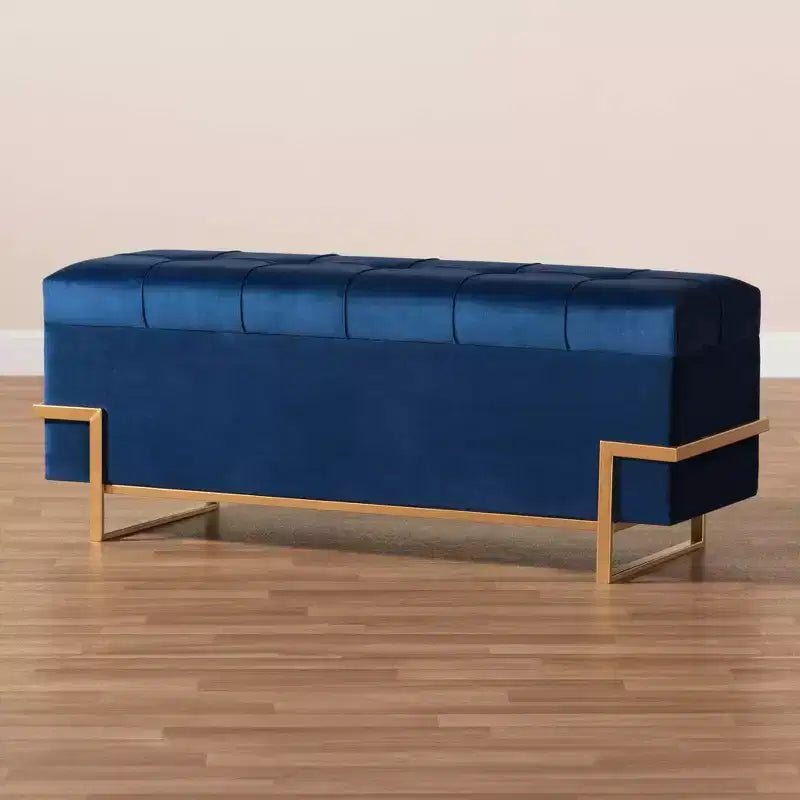 Pouf contenitore in velluto blu navy e oro – Rettangolare, 1 posto
