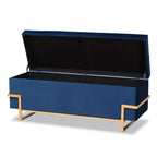 Banco otomano de arrumação em veludo azul-marinho e dourado – retangular, 1 lugar