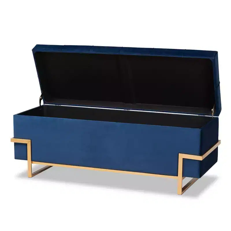 Pouf contenitore in velluto blu navy e oro – Rettangolare, 1 posto