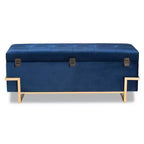 Banco otomano de arrumação em veludo azul-marinho e dourado – retangular, 1 lugar
