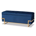 Banco otomano de arrumação em veludo azul-marinho e dourado – retangular, 1 lugar