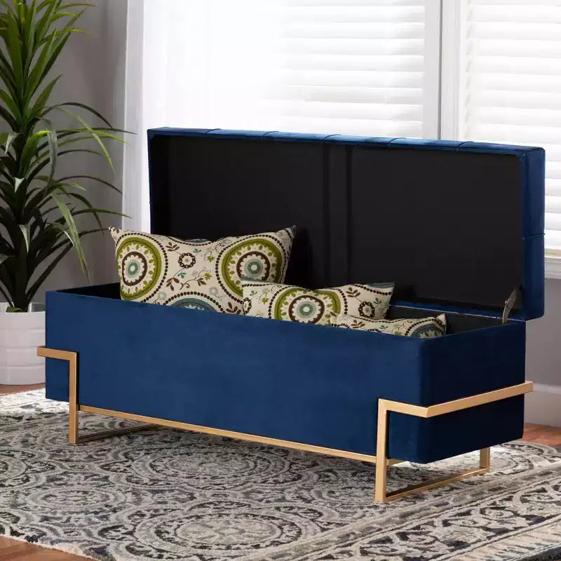 Pouf contenitore in velluto blu navy e oro – Rettangolare, 1 posto