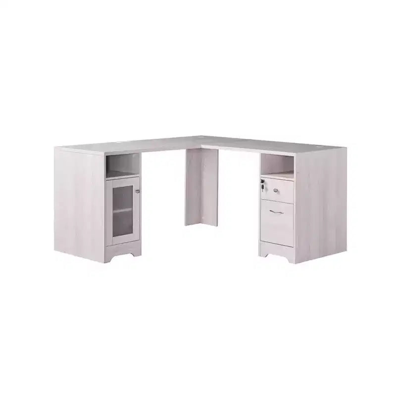 Ghally Locking Drawer L-Shape Desk with USB Ports White Oak - miBasics: Equipped with File Storage, Matte Finish