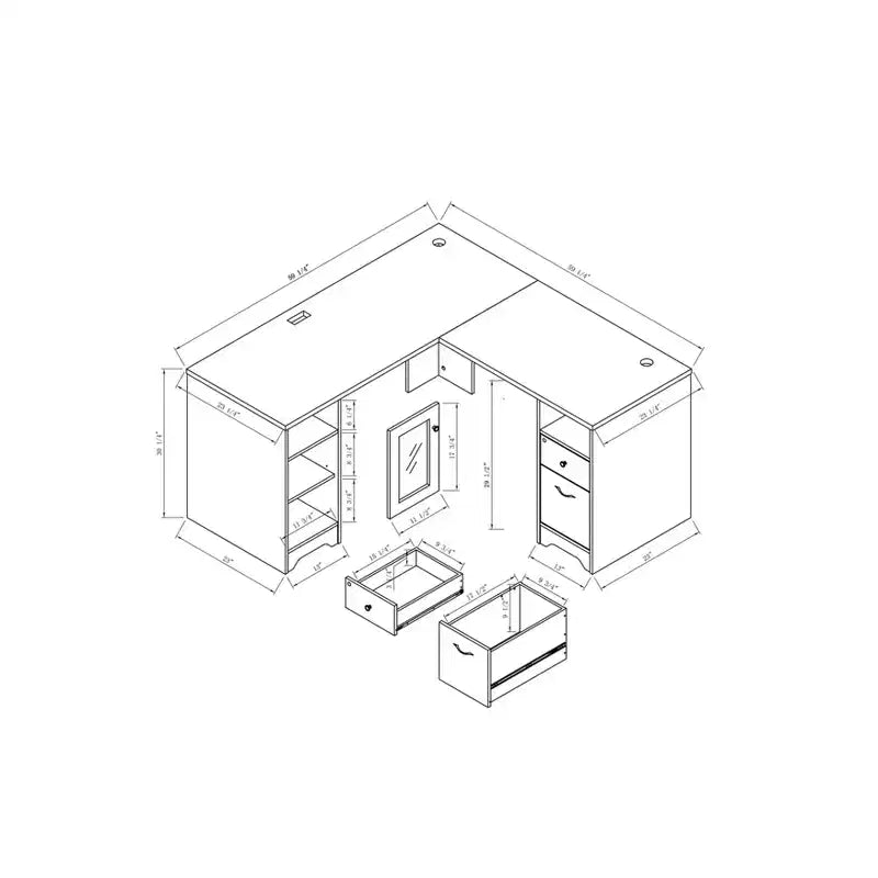 Scrivania angolare a L in rovere bianco con cassetti con serratura e porte USB, 1 persona