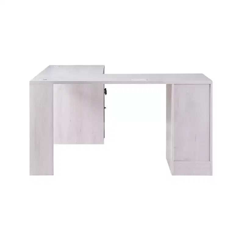 Scrivania angolare a L in rovere bianco con cassetti con serratura e porte USB, 1 persona