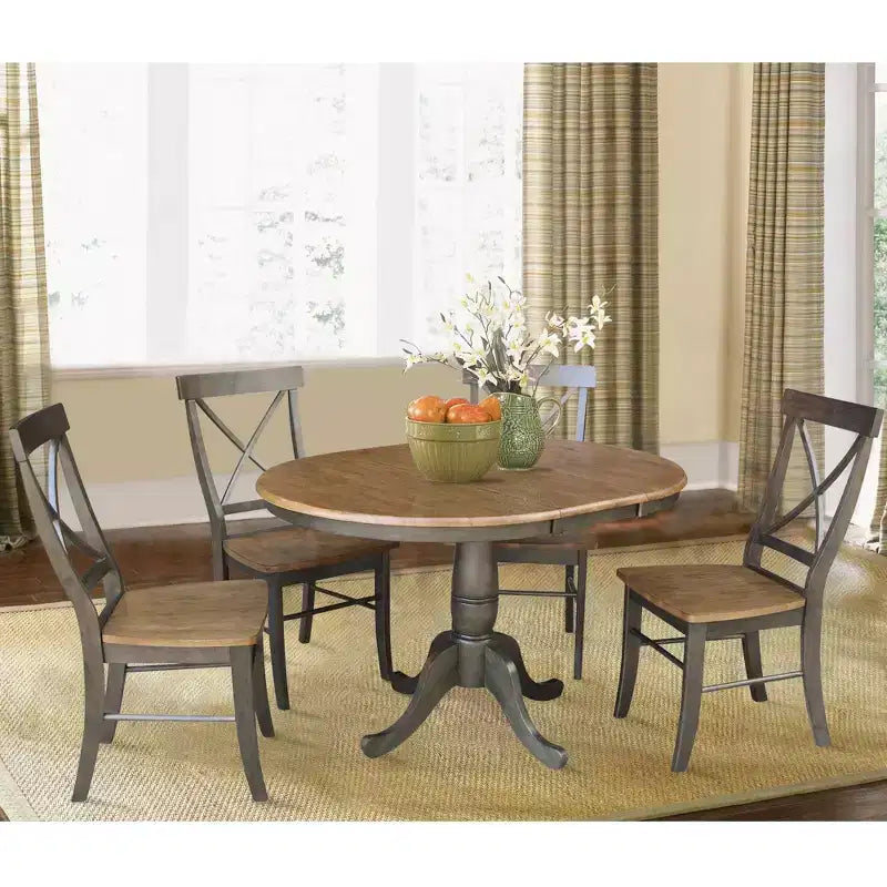 Set tavolo da pranzo rotondo allungabile e 4 sedie senza braccioli, color talpa/carbone sbiancato – 4 posti a sedere