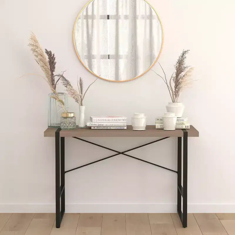 Flash Furniture Hanover Park Rustic Wood Grain Finish Console Table with Black Metal Frame