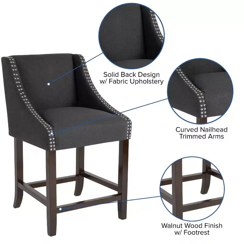 Sgabello da bancone in Leathersoft nero/antracite/grigio chiaro e tessuto, struttura in legno, finiture con borchie, 1 posto