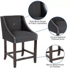 Sgabello da bancone in Leathersoft nero/antracite/grigio chiaro e tessuto, struttura in legno, finiture con borchie, 1 posto