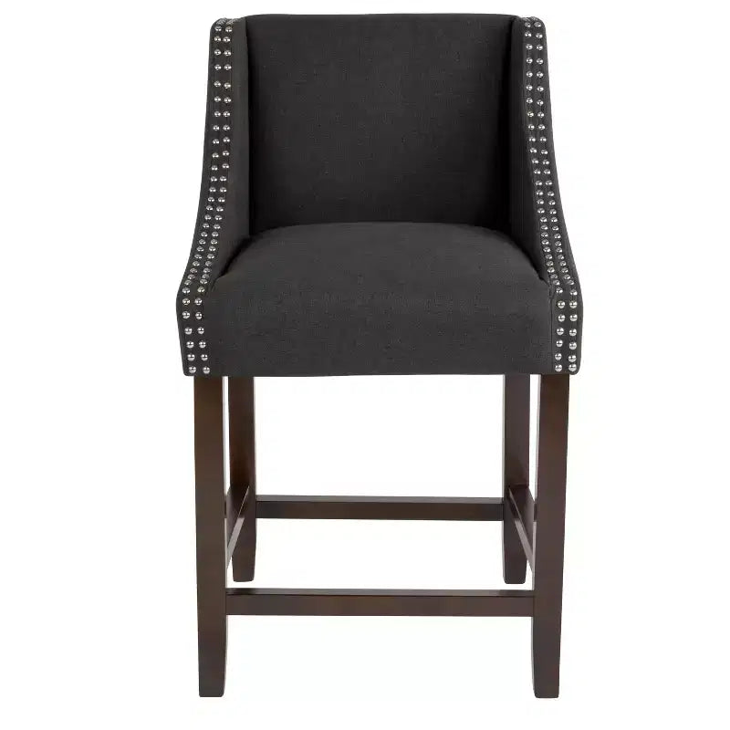 Sgabello da bancone in Leathersoft nero/antracite/grigio chiaro e tessuto, struttura in legno, finiture con borchie, 1 posto