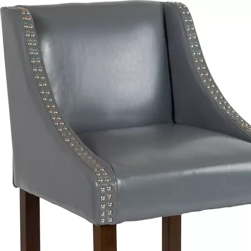 Sgabello da bancone in Leathersoft nero/antracite/grigio chiaro e tessuto, struttura in legno, finiture con borchie, 1 posto