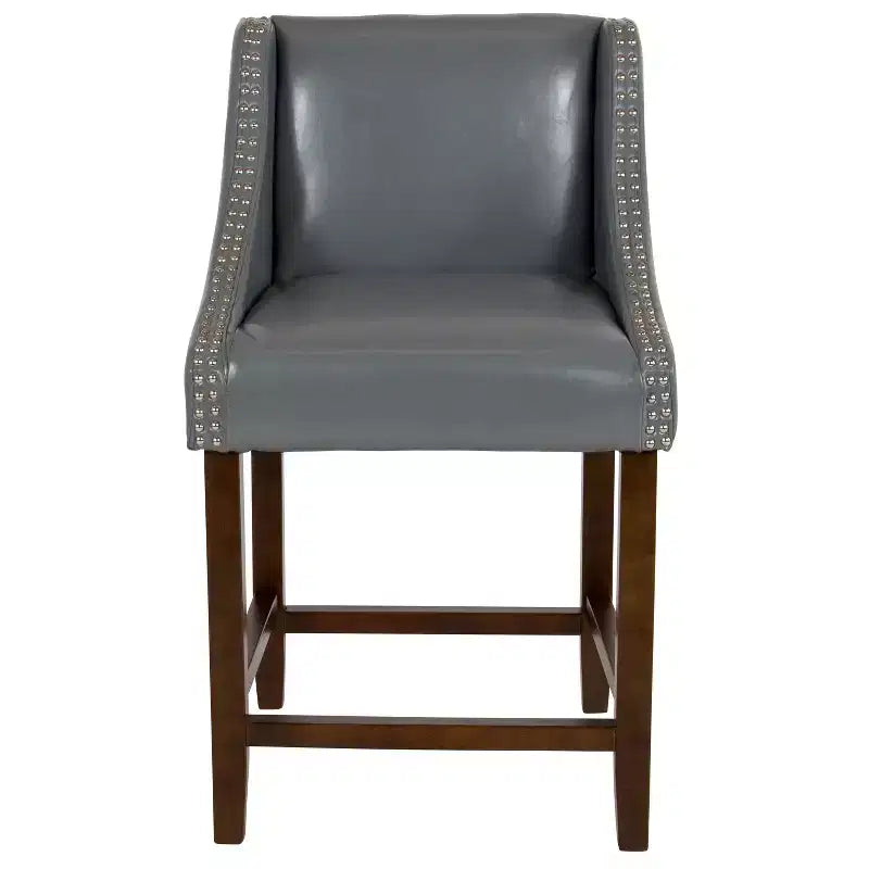 Sgabello da bancone in Leathersoft nero/antracite/grigio chiaro e tessuto, struttura in legno, finiture con borchie, 1 posto