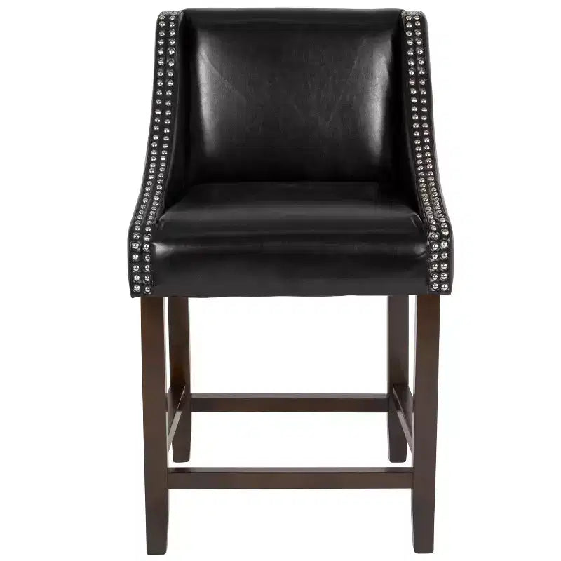 Sgabello da bancone in Leathersoft nero/antracite/grigio chiaro e tessuto, struttura in legno, finiture con borchie, 1 posto