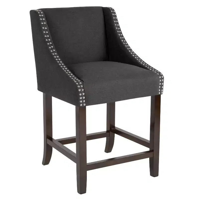Sgabello da bancone in Leathersoft nero/antracite/grigio chiaro e tessuto, struttura in legno, finiture con borchie, 1 posto