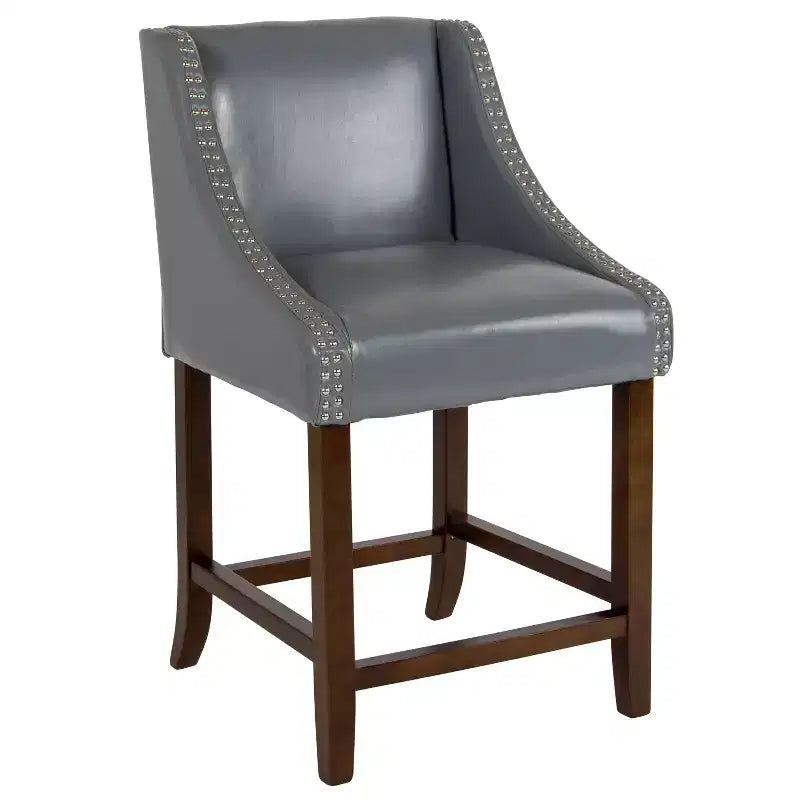 Sgabello da bancone in Leathersoft nero/antracite/grigio chiaro e tessuto, struttura in legno, finiture con borchie, 1 posto