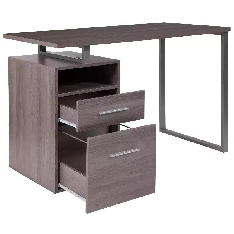 Scrivania industriale cenere scura / cenere chiara con 2 cassetti, telaio in metallo, 1 persona
