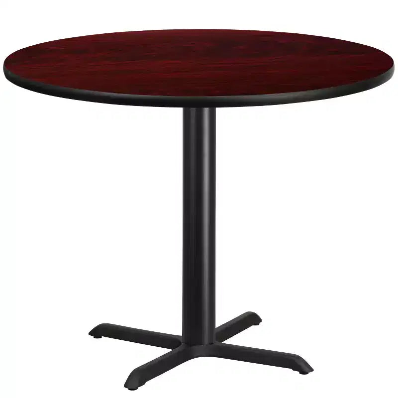 Tavolo da pranzo rotondo in laminato nero / naturale / mogano / noce, 5 posti, base a croce