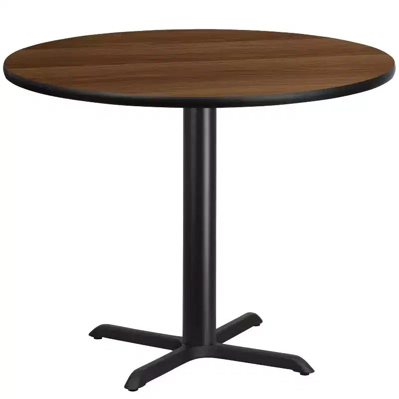 Tavolo da pranzo rotondo in laminato nero / naturale / mogano / noce, 5 posti, base a croce