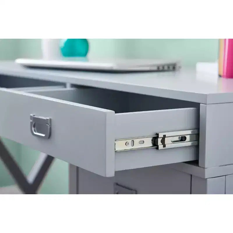 Scrivania con vano laterale grigio/blu scuro/bianco a 4 cassetti, 1 persona