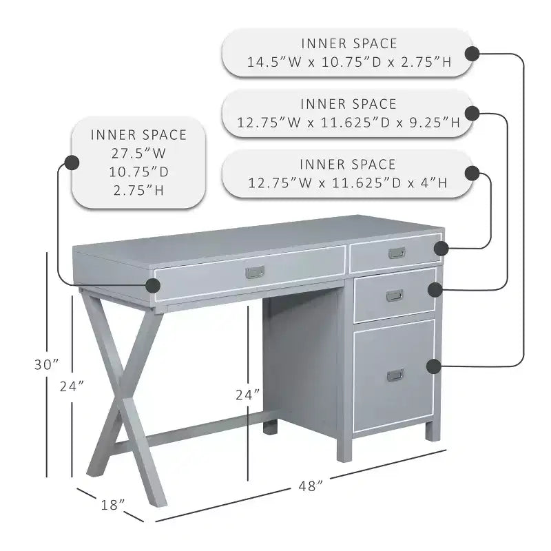 Scrivania con vano laterale grigio/blu scuro/bianco a 4 cassetti, 1 persona