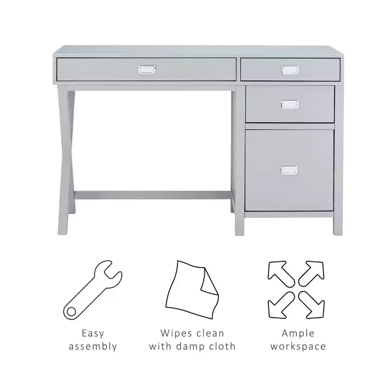 Scrivania con vano laterale grigio/blu scuro/bianco a 4 cassetti, 1 persona