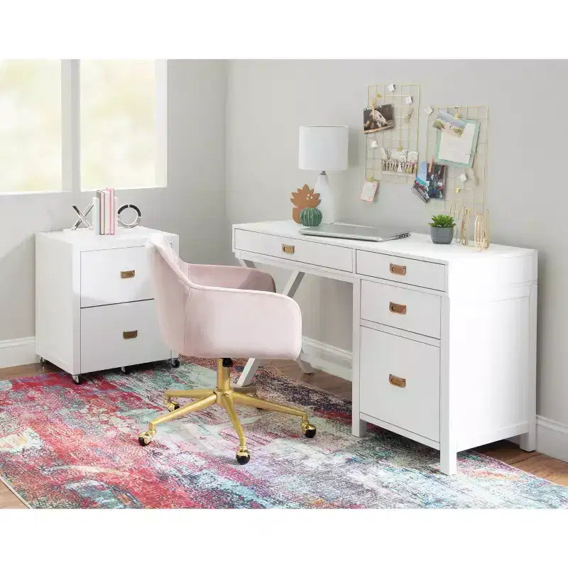 Scrivania con vano laterale grigio/blu scuro/bianco a 4 cassetti, 1 persona