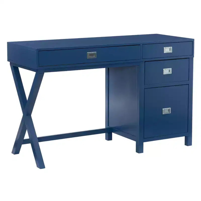 Scrivania con vano laterale grigio/blu scuro/bianco a 4 cassetti, 1 persona