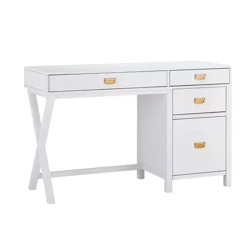 Scrivania con vano laterale grigio/blu scuro/bianco a 4 cassetti, 1 persona