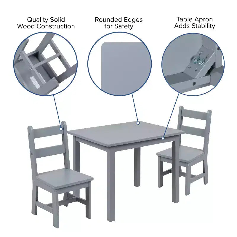 Set 3 pezzi tavolo e 2 sedie per bambini in legno massello – Grigio / Naturale / Bianco – 2 posti