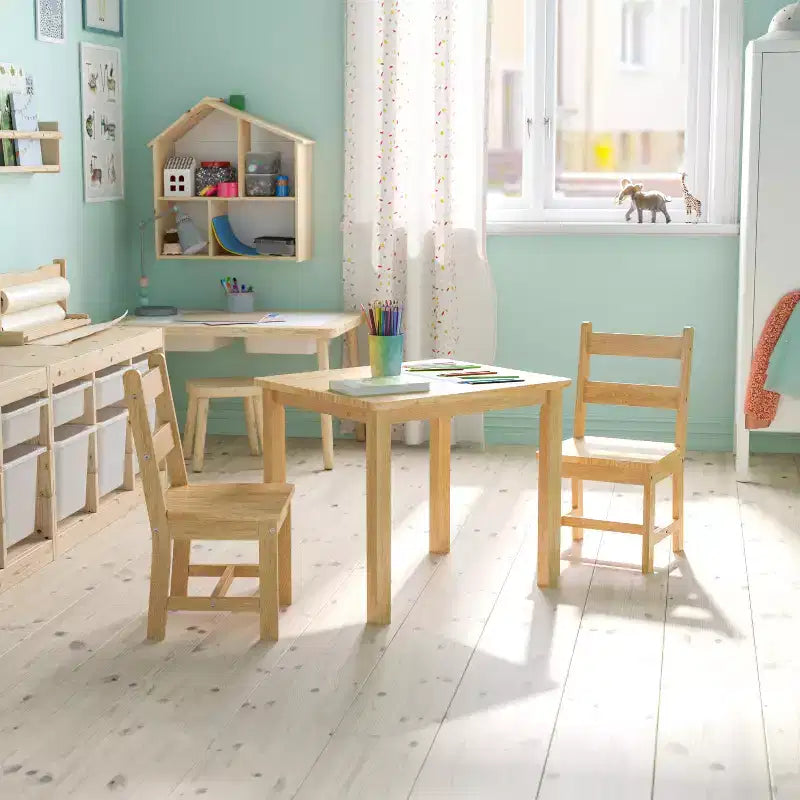 Set 3 pezzi tavolo e 2 sedie per bambini in legno massello – Grigio / Naturale / Bianco – 2 posti
