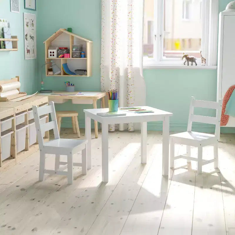 Set 3 pezzi tavolo e 2 sedie per bambini in legno massello – Grigio / Naturale / Bianco – 2 posti
