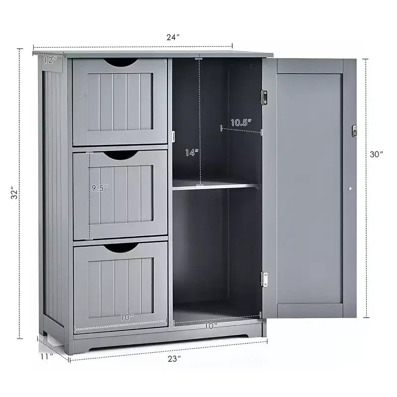 Mobiletto da Bagno con 3 Cassetti e 1 Anta, Nero/Grigio/Bianco, Montaggio per 1 Persona