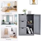 Bathroom Floor Cabinet Side Storage Cabinet with 3 Drawers and 1 Cupboard, Black/Gray/White, 1-Person Assembly
