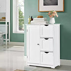 Bathroom Floor Cabinet Side Storage Cabinet with 3 Drawers and 1 Cupboard, Black/Gray/White, 1-Person Assembly