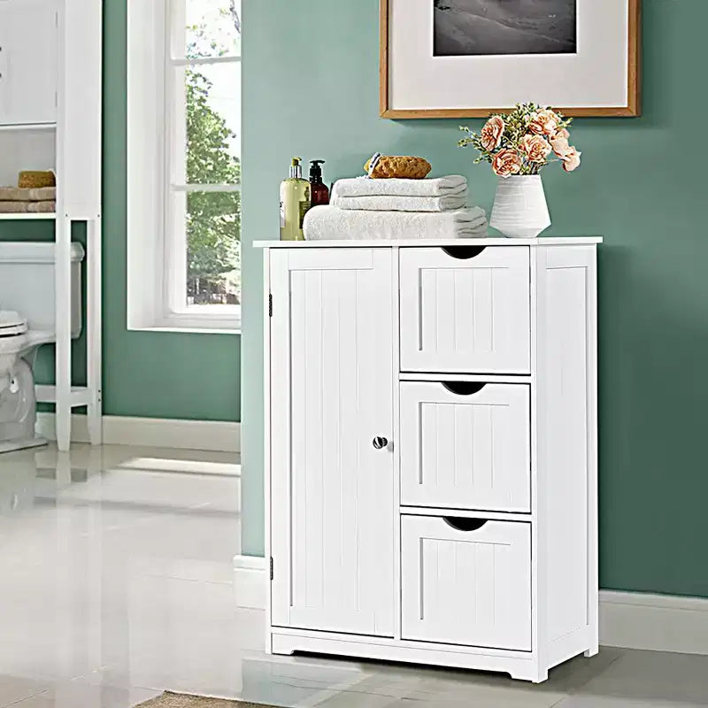 Mobiletto da Bagno con 3 Cassetti e 1 Anta, Nero/Grigio/Bianco, Montaggio per 1 Persona