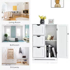 Bathroom Floor Cabinet Side Storage Cabinet with 3 Drawers and 1 Cupboard, Black/Gray/White, 1-Person Assembly