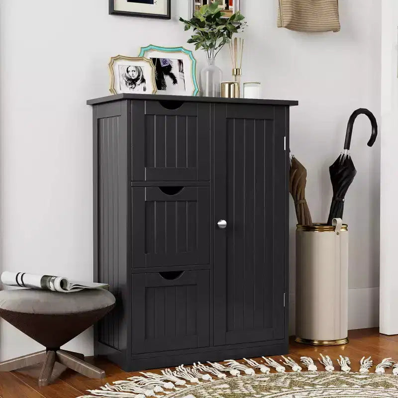 Mobiletto da Bagno con 3 Cassetti e 1 Anta, Nero/Grigio/Bianco, Montaggio per 1 Persona