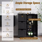 Bathroom Floor Cabinet Side Storage Cabinet with 3 Drawers and 1 Cupboard, Black/Gray/White, 1-Person Assembly