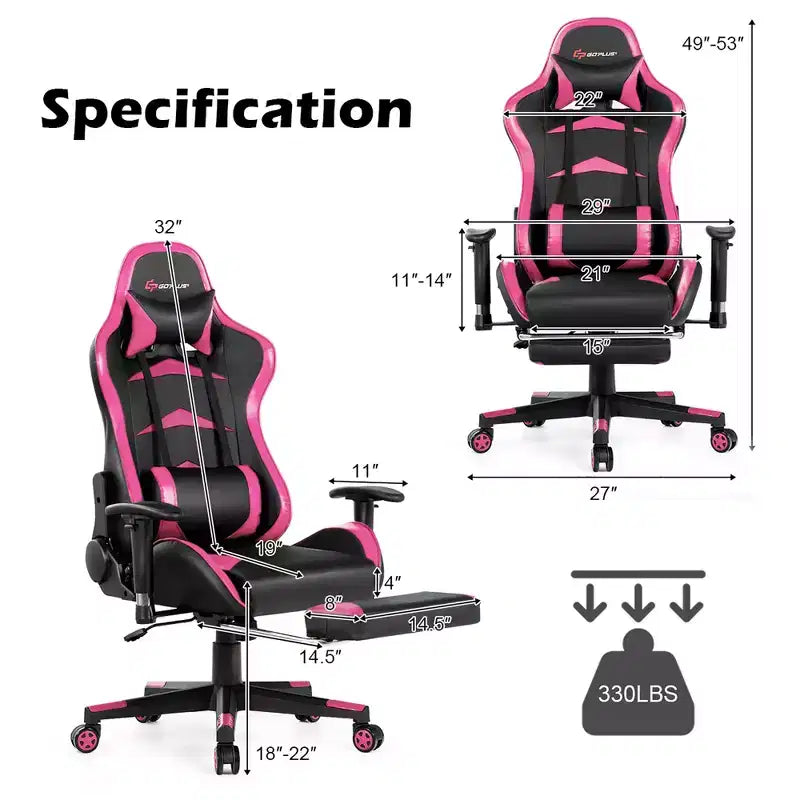Poltrona gaming reclinabile rosa / rossa / bianca con poggiapiedi, per 1