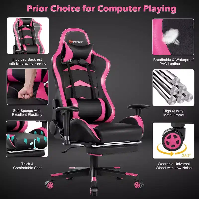 Poltrona gaming reclinabile rosa / rossa / bianca con poggiapiedi, per 1