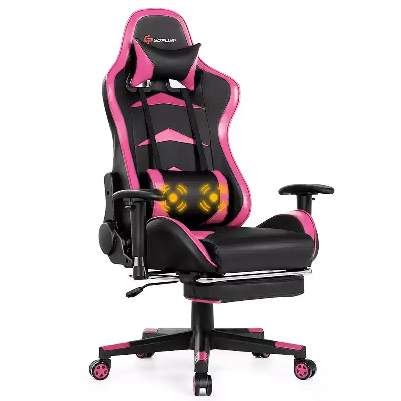 Poltrona gaming reclinabile rosa / rossa / bianca con poggiapiedi, per 1