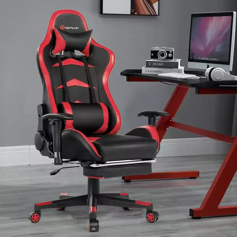 Poltrona gaming reclinabile rosa / rossa / bianca con poggiapiedi, per 1