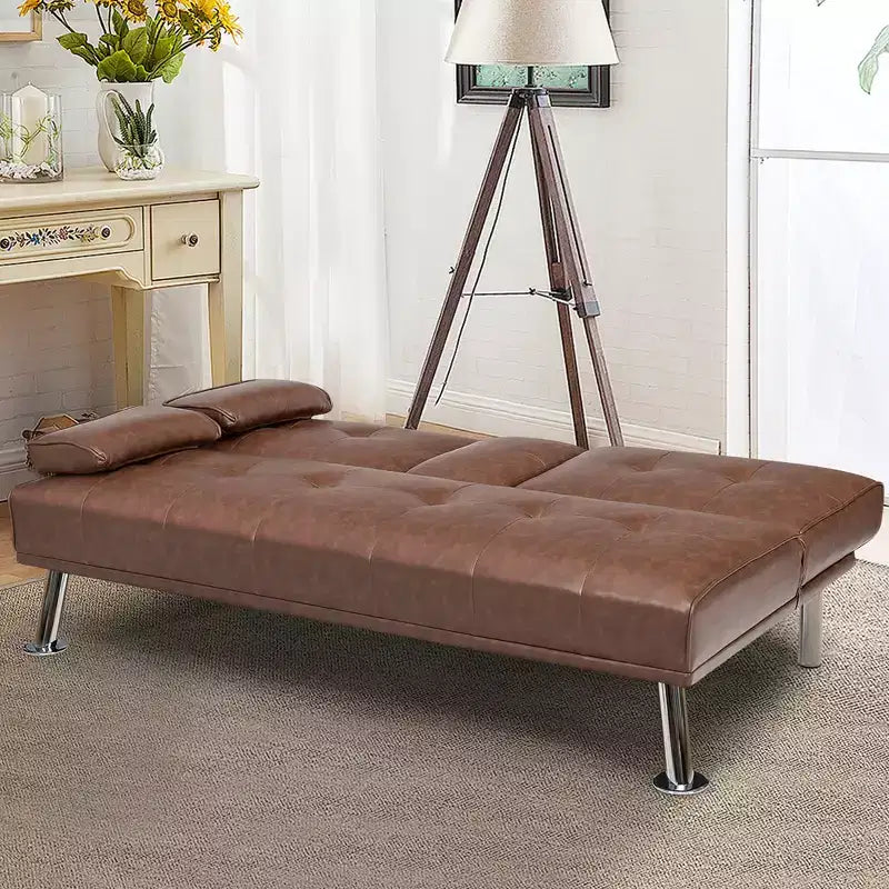 Divano letto futon pieghevole convertibile nero/marrone, pelle sintetica, 2 posti