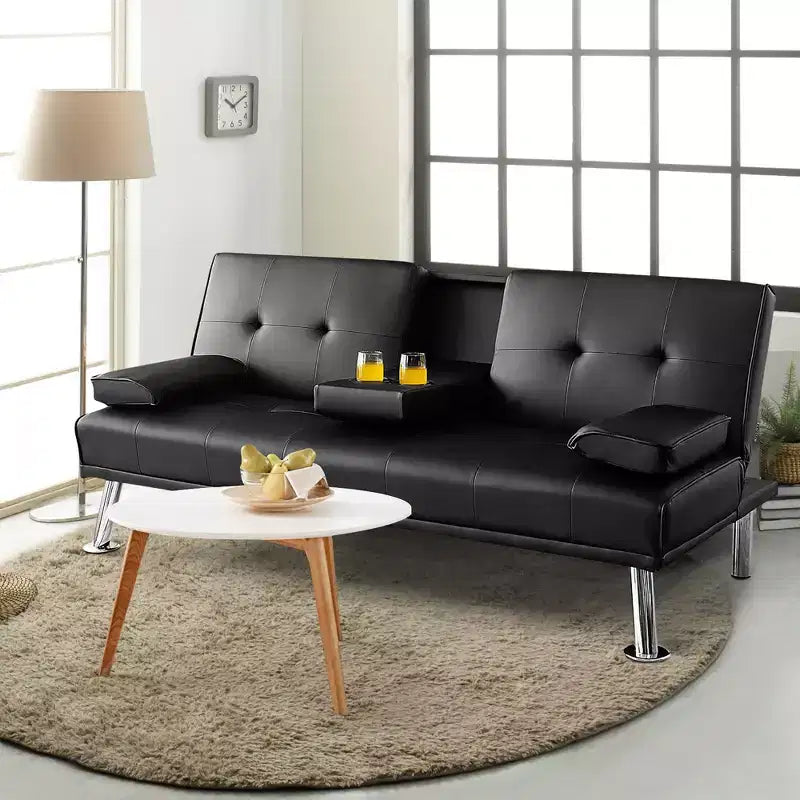 Divano letto futon pieghevole convertibile nero/marrone, pelle sintetica, 2 posti