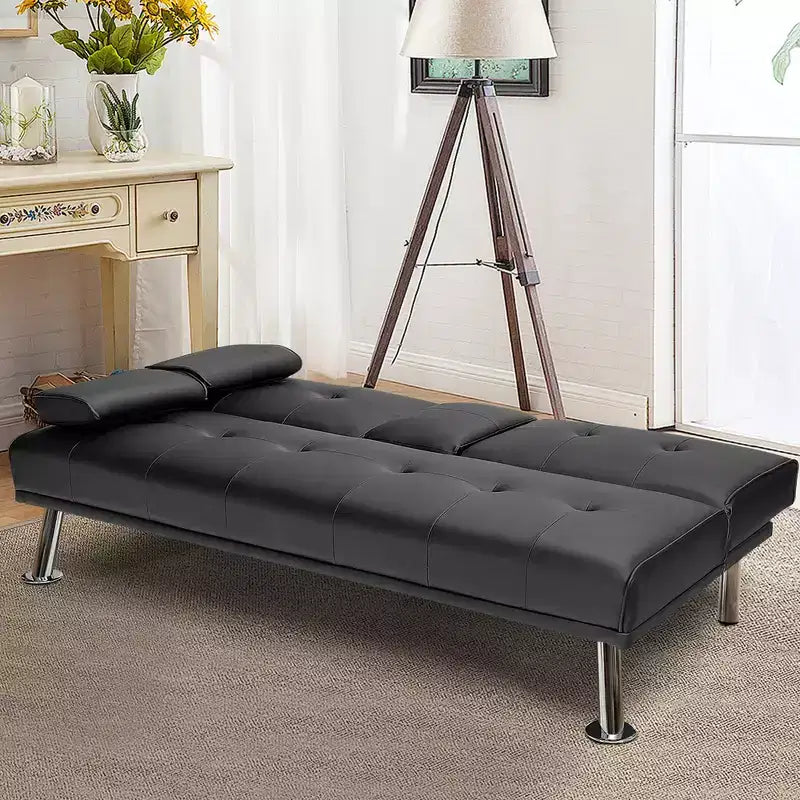 Divano letto futon pieghevole convertibile nero/marrone, pelle sintetica, 2 posti