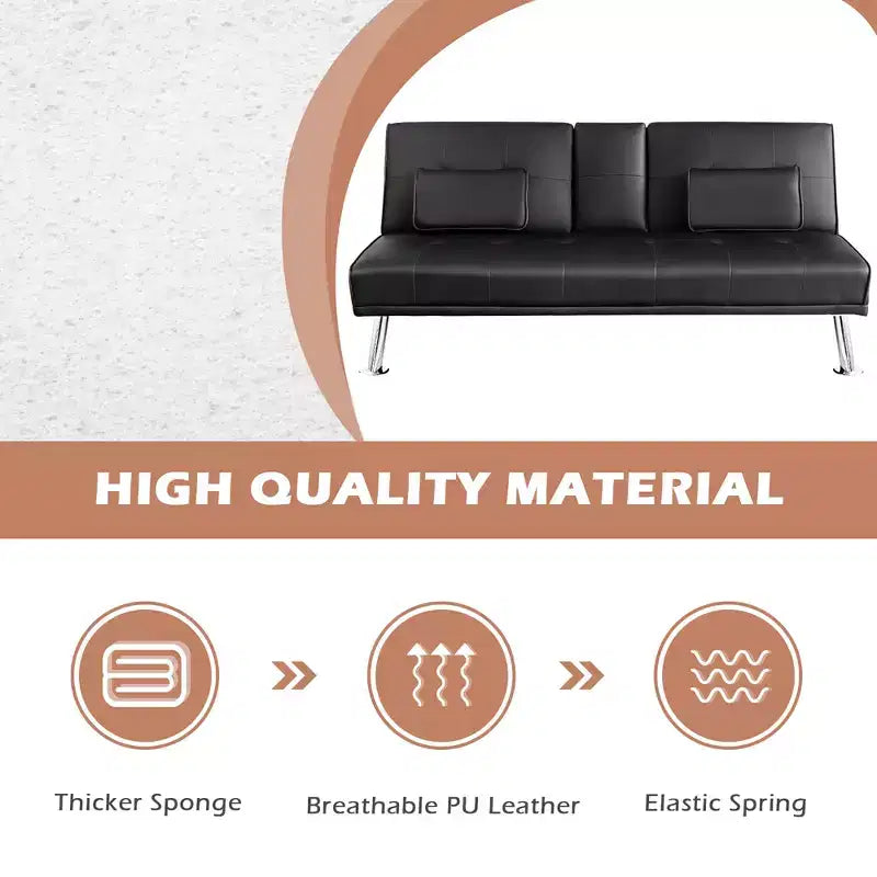 Divano letto futon pieghevole convertibile nero/marrone, pelle sintetica, 2 posti