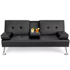 Costway Convertible Folding Futon Sofa Bed Leather w/Cup Holders&Armrests White\Black\Brown